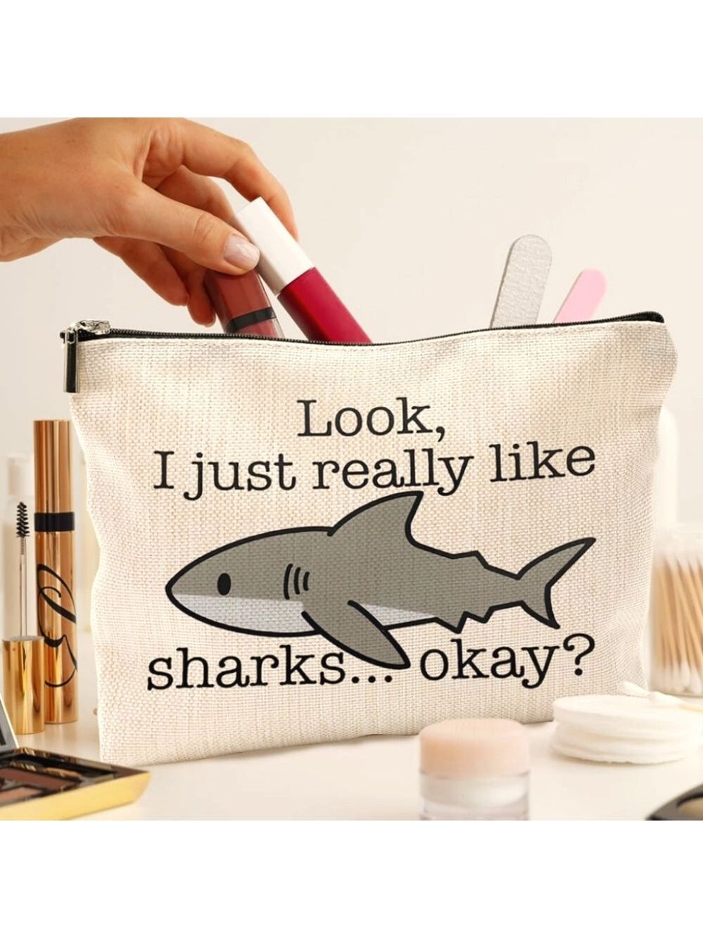 Funny Shark Cosmetic Bag Neutral Canvas Makeup Pouch Gift Idea